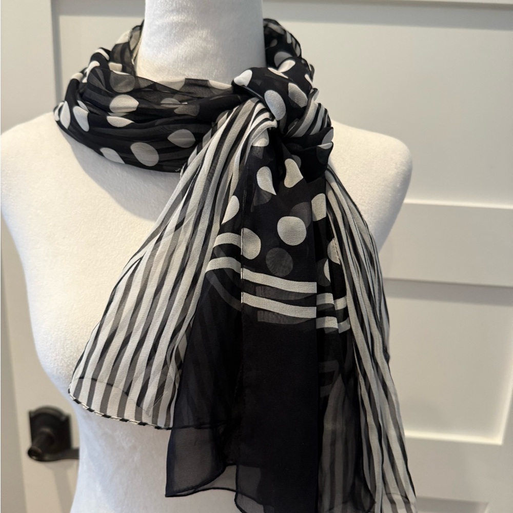 Worth Navy and White Silk Polka Dot Stripe Scarf